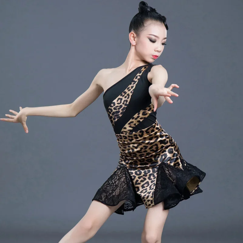 1 pcs/lot children sexy one shoulder leopard Latin dress girl performance ChaCha dancing dresss