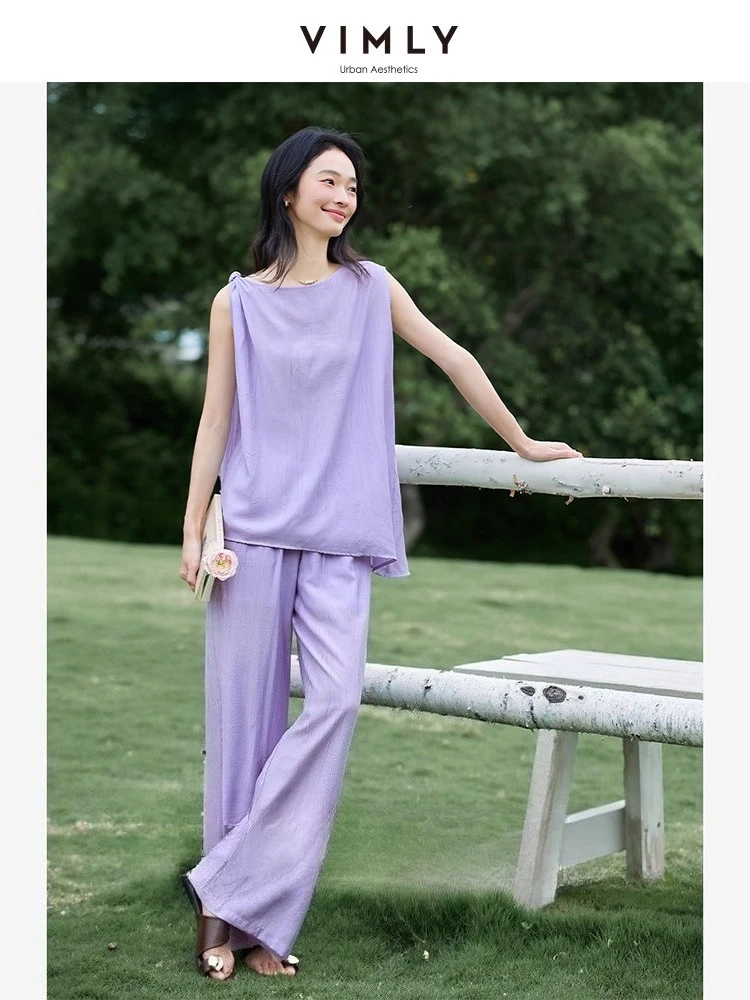 

VIMLY Purple Two Piece Suit Woman 2025 Summer Elegant Slant O-neck Top Elastic Waist Wide Leg Pants Ladies Clothing Set A1887
