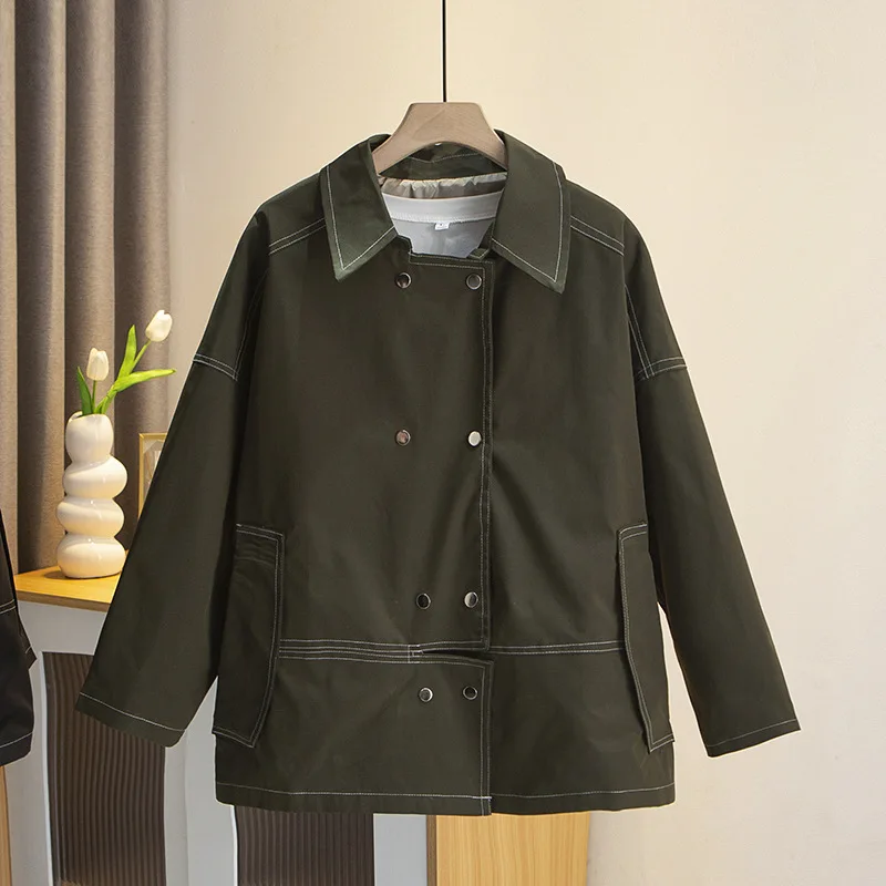 2023 Autumn Clothes Women Jacket Plus Size Loose Bright Line Safari Style Army Green Coat Curve