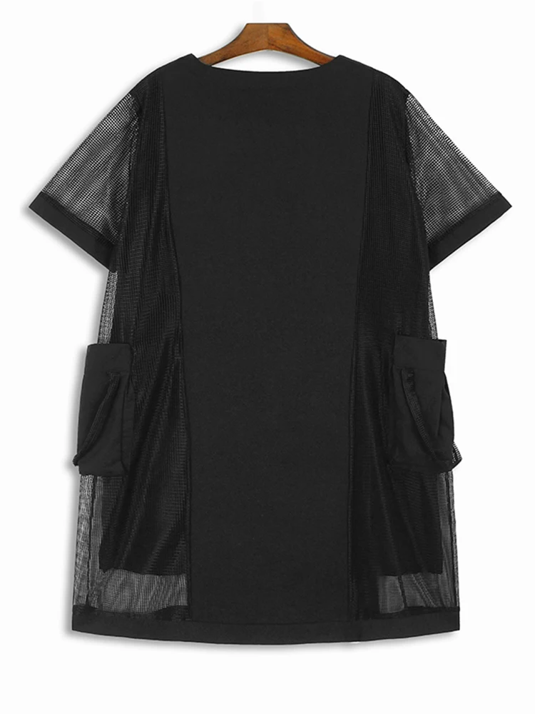 Women Black Mesh Pocket Big Size Knee-Length Dress New Round Neck Short Sleeve Fashion Tide Spring Summer