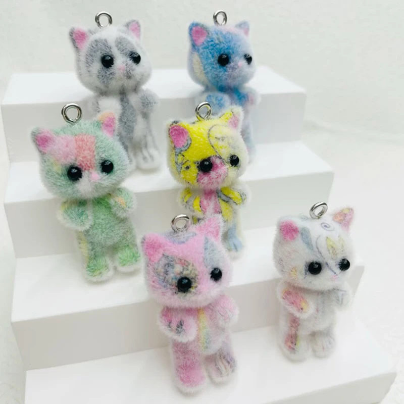 Miniature Colorful Flowe Cat Flocked Charms Kawaii Dollhouse Animal Pendant For Necklace Keychain Diy Jewelry Making