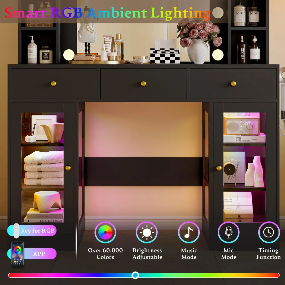 Makeup Vanity Desk with Mirror and Lights, Black Vanity with Glass Top, LED Lights & Power Outlet, 3 Drawers & 2 RGB