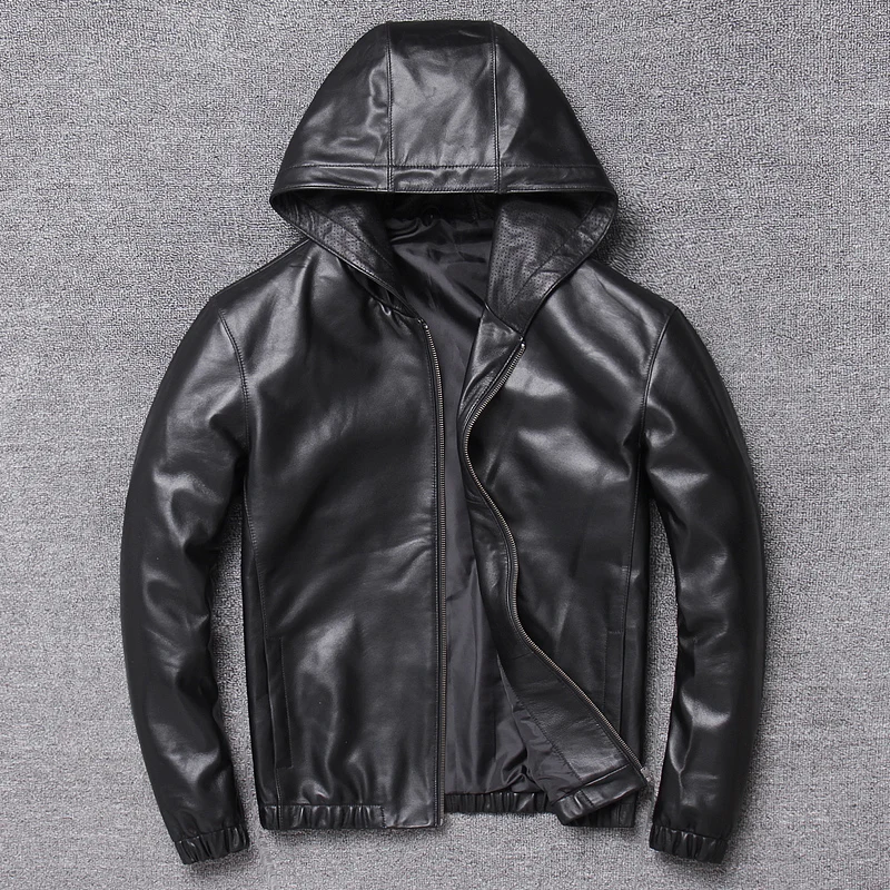 

Men's leather jacket spring and autumn real sheepskin leather jacket men's hooded jacket Veste Homme LM504