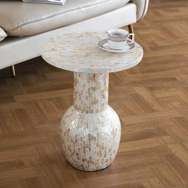 Mother of Pearl Inlay Round Side Table, Mosaic Shell Vase Base Accent Table, Vintage Home Decor End Table for Living Room