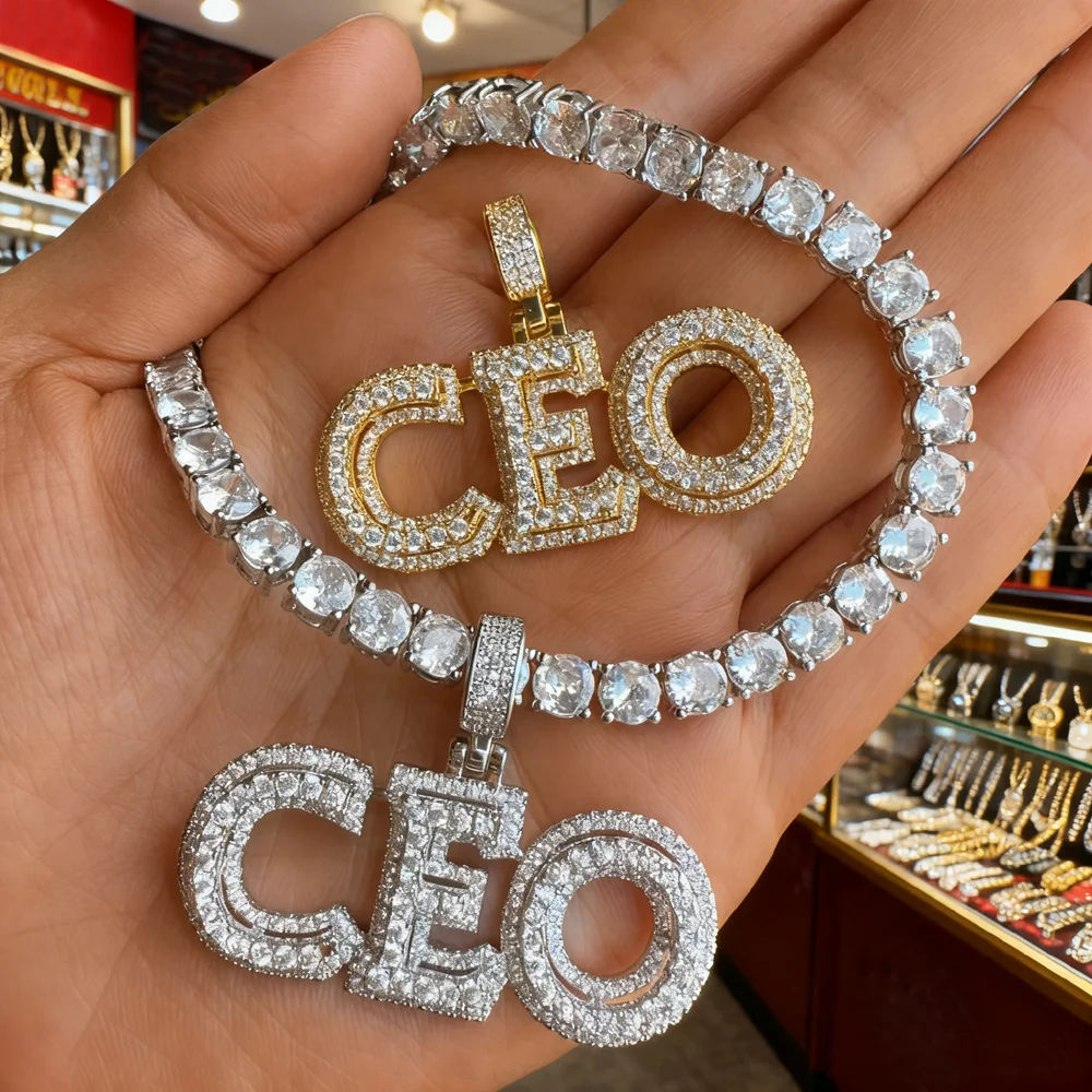 

CEO Pendant Iced Out Bling Cubic Zircon Letters Nekclace with 5MM CZ Tennis Rope Chain for Women Men Hip Hop Jewelry