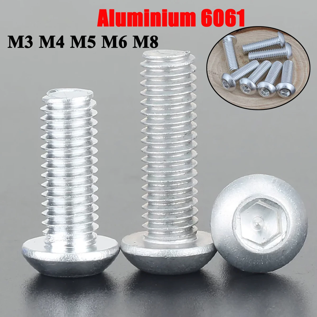 6061 Aluminium Bolt M3 M4 M5 M6 M8 ISO7380 Aluminum Alloy Hex Hexagon Socket Button Head Allen Bolts Screw Length 6-50mm