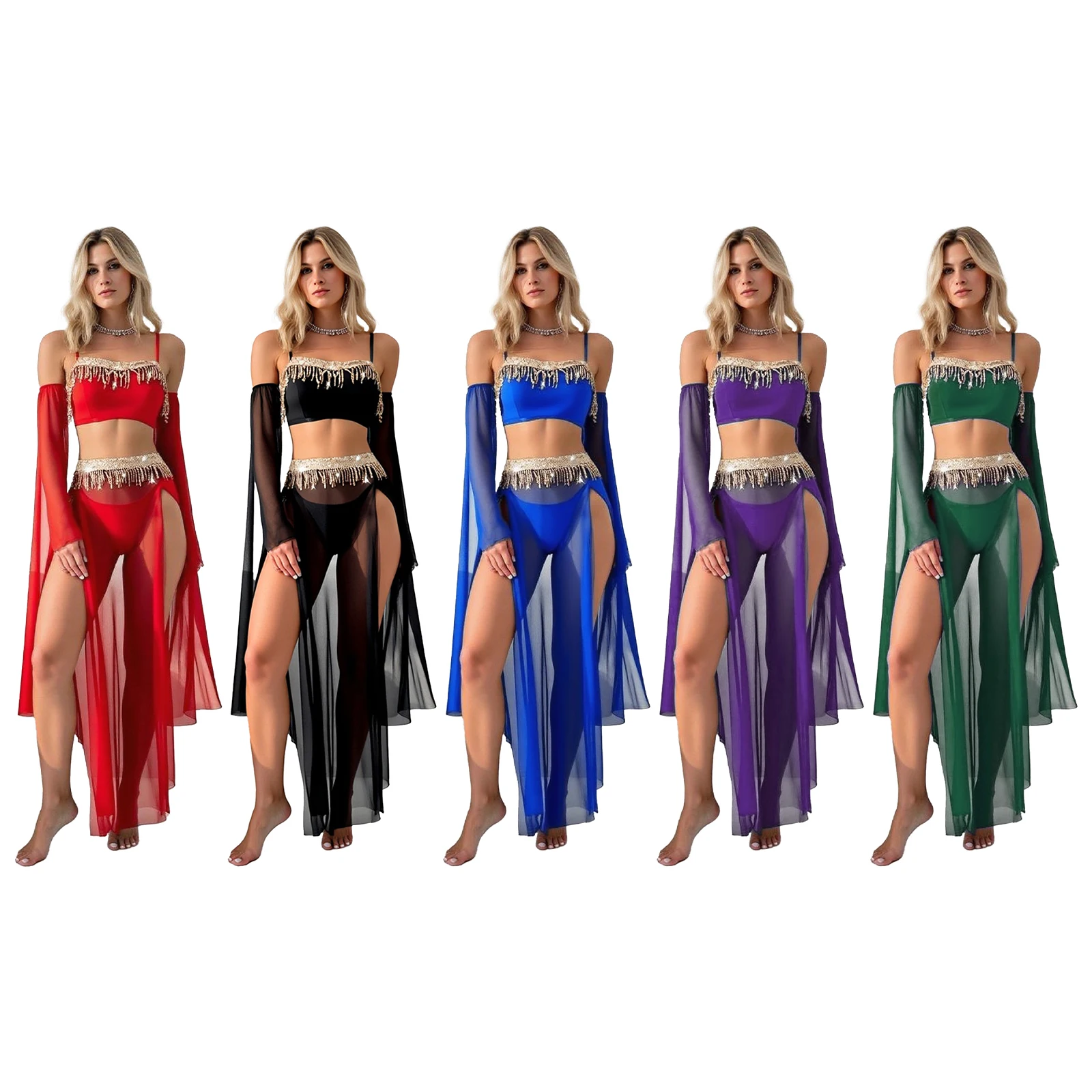 여성용 4피스 인도 벨리댄스 의상, 스팽글 태슬 크롭탑, 탈부착 가능한 소매, 슬릿 맥시 스커트 및 티백, 던황 댄스용
