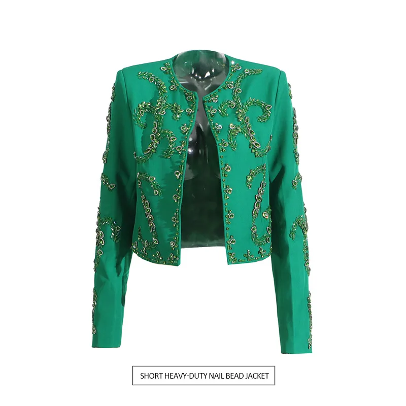 

European and American trend short suit 2025 new heavy industry bead design high-end long-sleeved single-breasted small suit