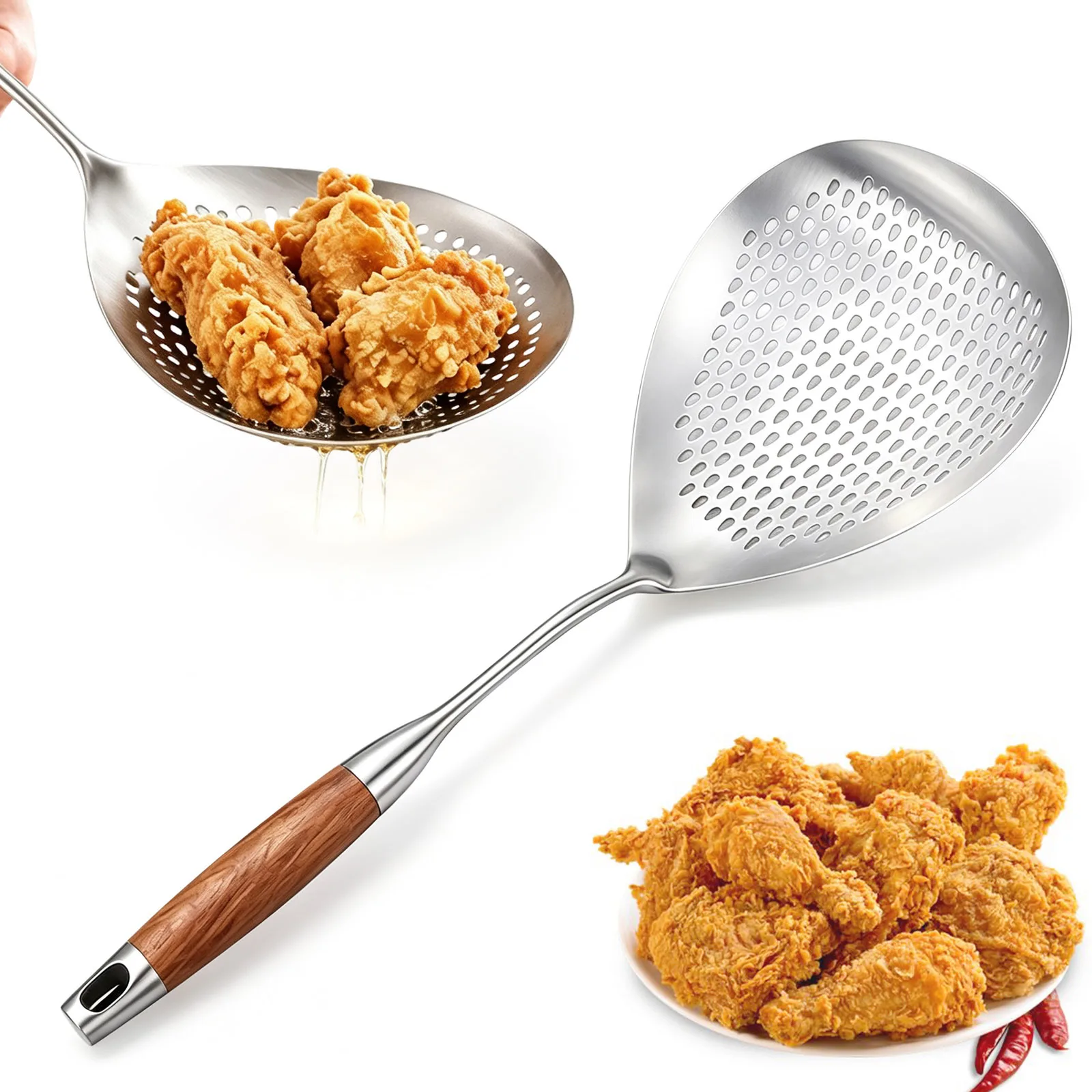 Stainless Steel Spiders Strainer,Wood Handle Frying Basket Skimmer,Pepper Seasoning Colander Sieve Kitchen Filter Scoop Spoons