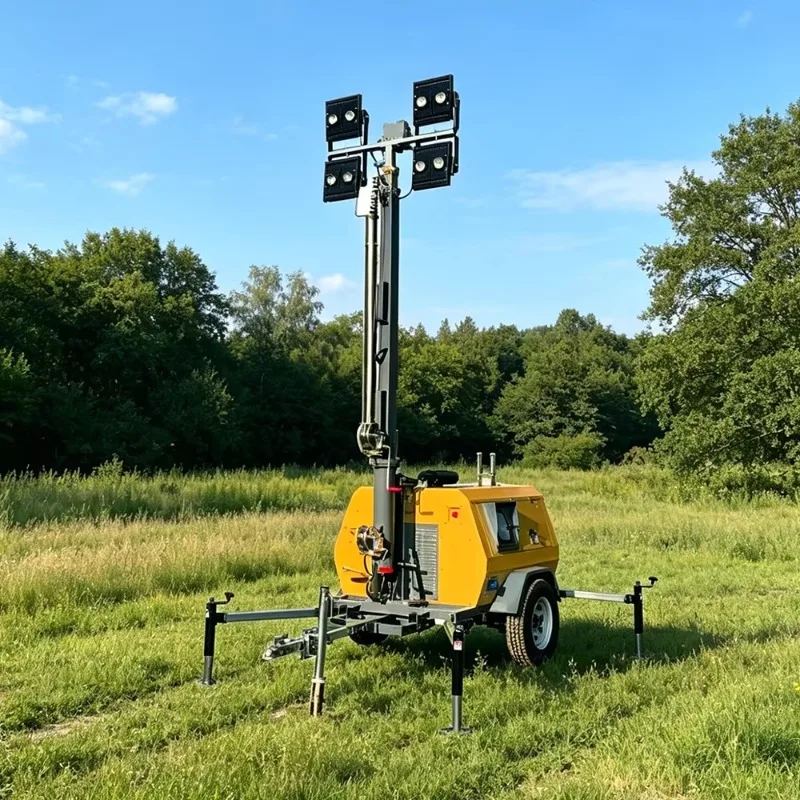 Portable Towable Lighting Tower with Waterproof 360° LED Head for Power Plant and Night Repair Work