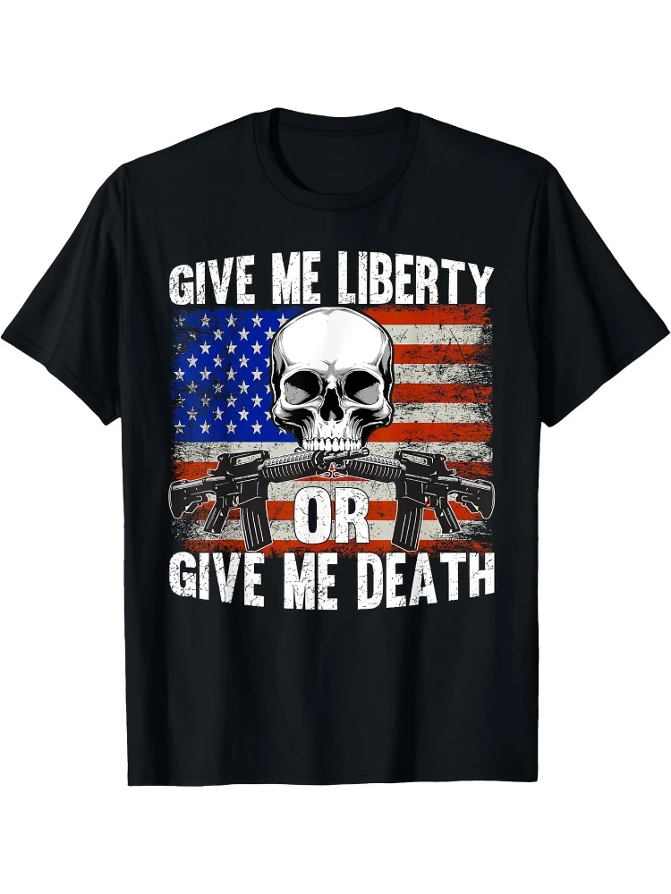 AR-15 Rifle Skull & American Flag-Give Me Liberty or Give Me Death Vintage Design-100% cotton O-neck printed men's T-shirt.