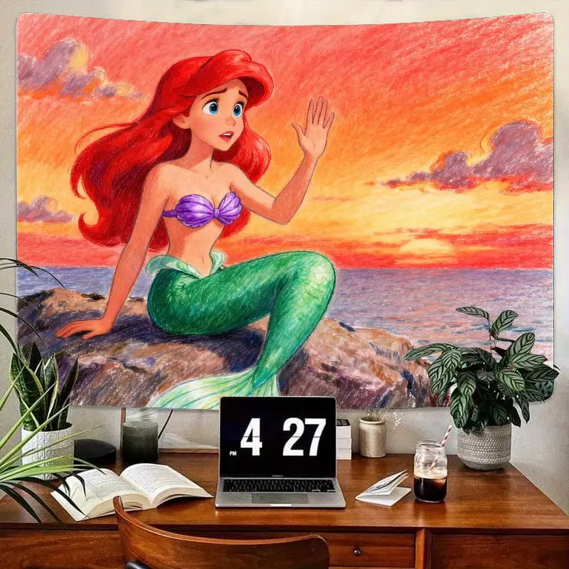 

1PC Disney Ariel Little Mermaid Sunset Tapestry, Kawaii Red Hair Princess Polyester Wall Art for Bedroom Decor, Girls Gift.