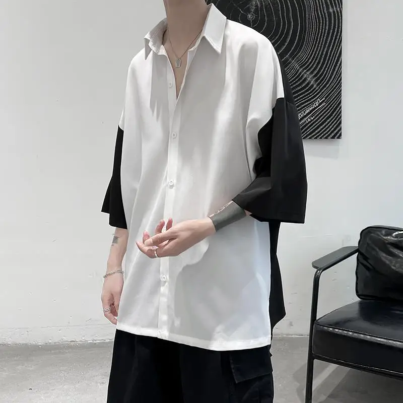 Fashion Lapel Spliced Button Three Quarter All-match Shirt Men\'s Clothing 2023 Summer New Casual Tops Loose Korean Shirts