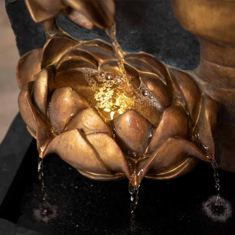 نافورة مياه للوجه من زن بوذا مع ضوء LED ومضخة - قائمة بذاتها للاستخدام الداخلي/الخارجي، ديكور زن مريح، زعنفة برونزية وطبيعية #4