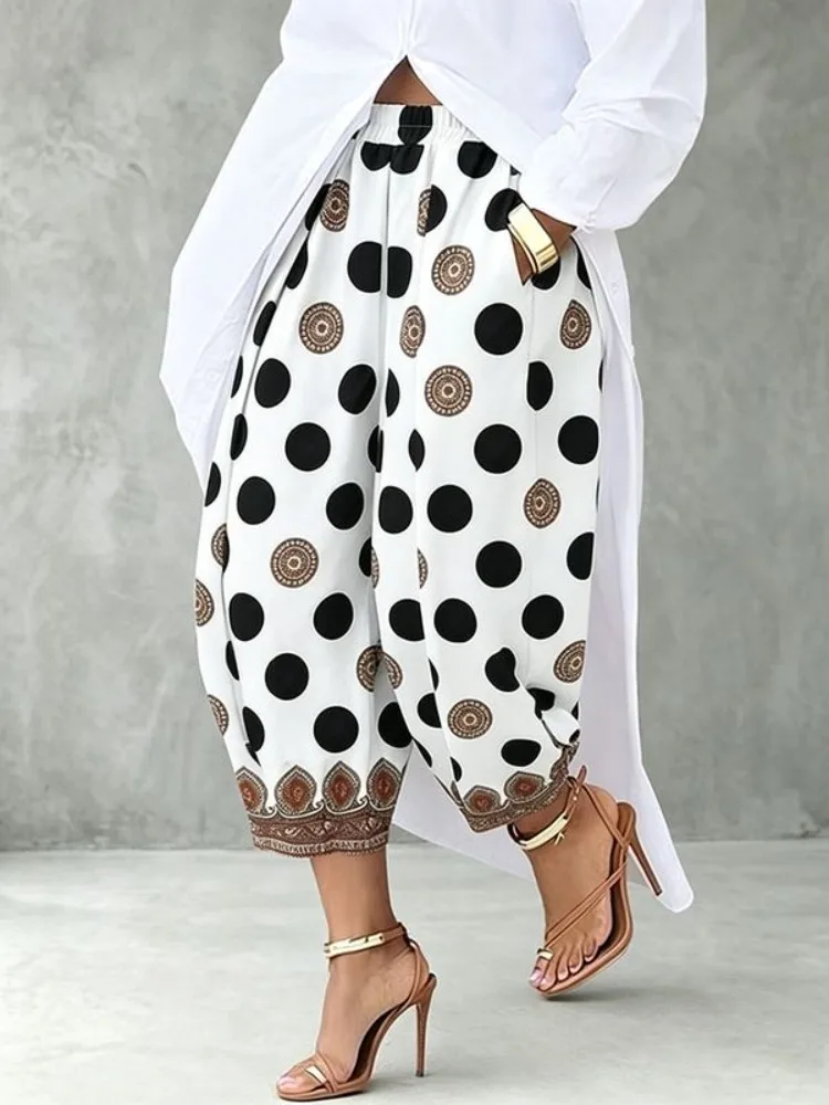 UOOZEE Women's Pleated Wide Leg Capri Pants Vintage Polka Dot Printed Ethnic Border Hem Loose High Waist Casual Cropped Trousers view 5