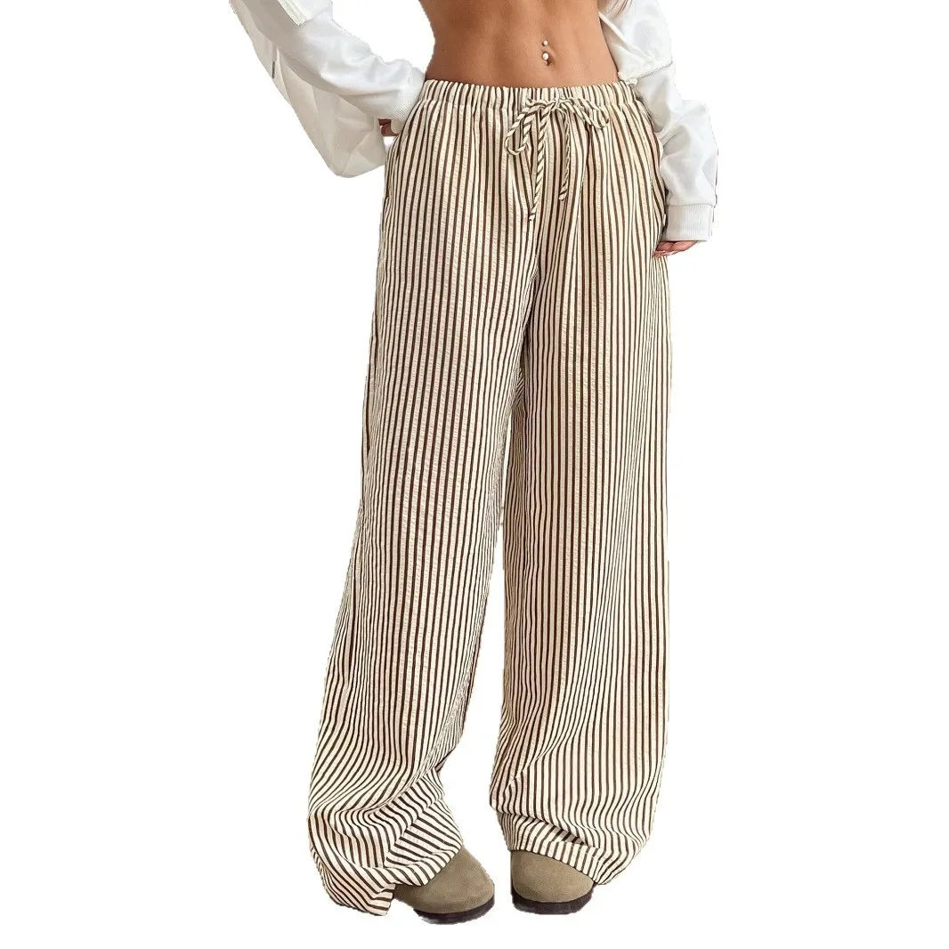 2025 Autumn New Cross border Women's Fashion Loose Striped Drawstring Elastic Waist and Floor Pants from Europe and America