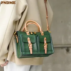 PNDME vintage luxury genuine leather ladies messenger bag outdoor casual designer real cowhide women's multi-pocket handbag