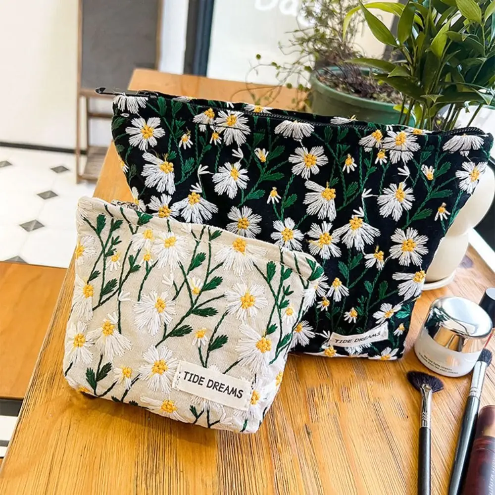 Bolsa de maquiagem bordada Floral Daisy, estilo coreano lona saco cosmético organizador de artigos de higiene pessoal de grande capacidade