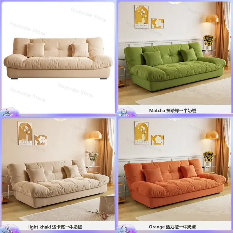 Foldable Fabric Sofa Bed Dual Purpose Modern Three Seater Straight Living Room Sofa Cream Color Sponge Filled for Home Hotel