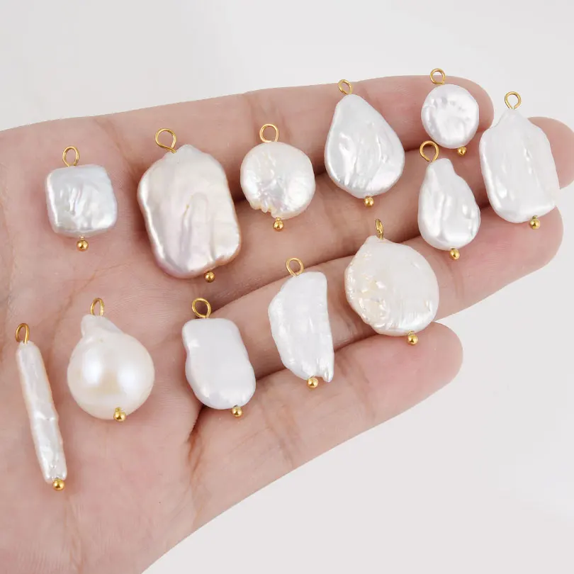 2pcs Gold Color Ring Real Natural Pearl Charm Pendants For Jewelry Making Earrings Necklace Stainless Steel Findings Accessories