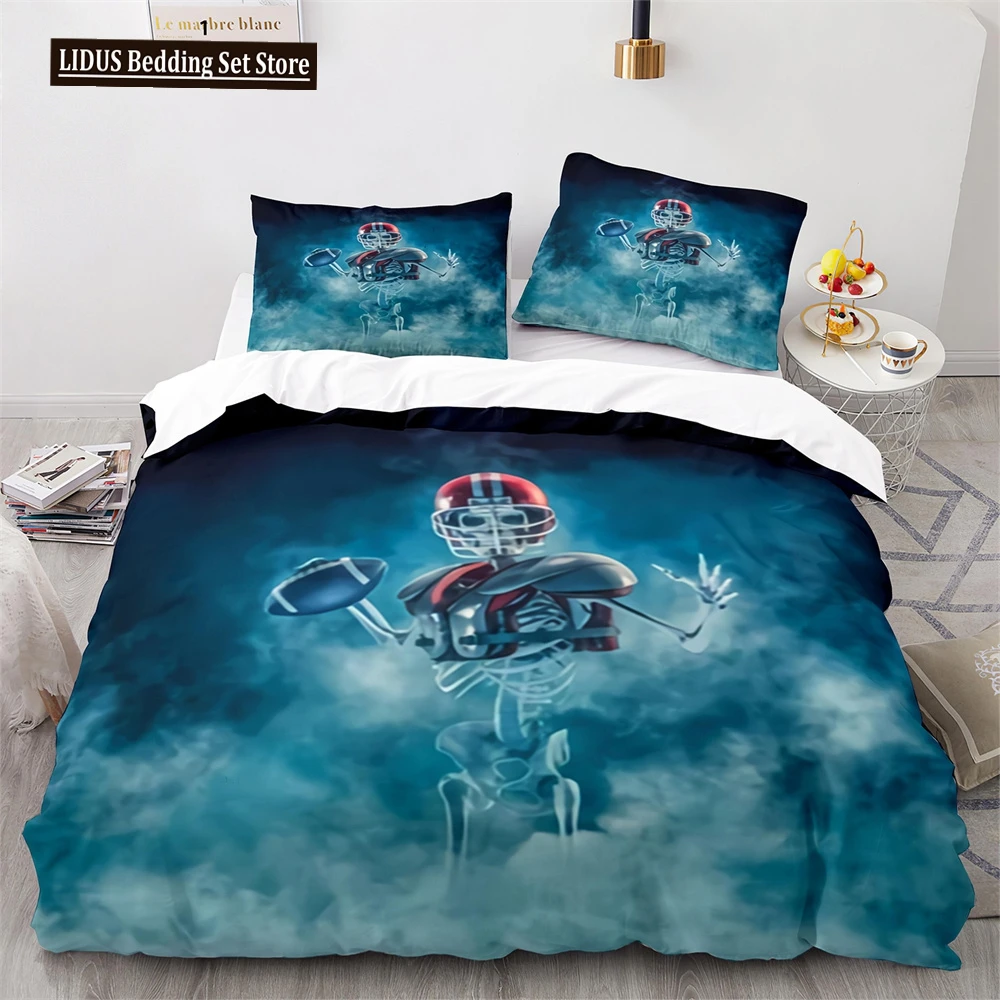 

American Football Duvet Cover Set 3D Sports Rugby Player Comforter Cover Skull Football Player Polyester Bedding Set For Kid Boy