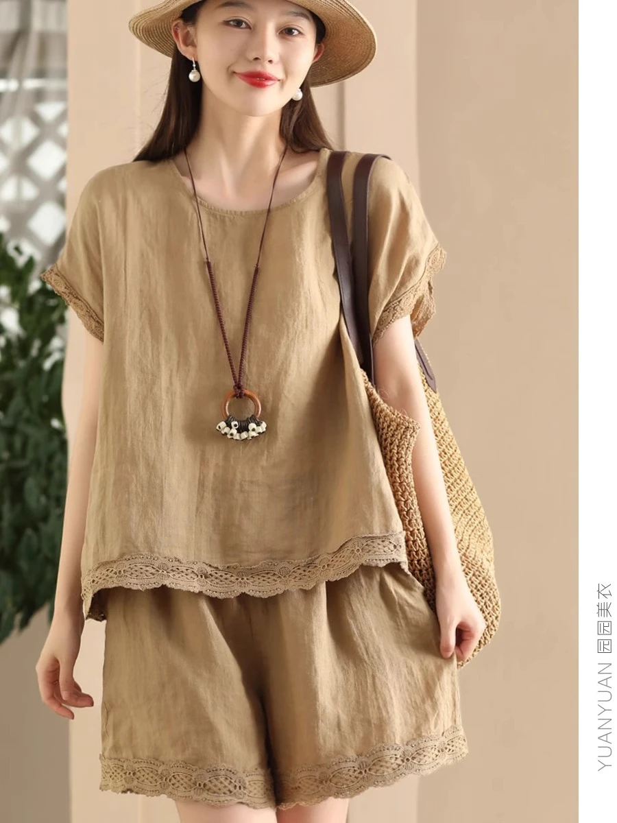 

Повседневный комплект из хлопковой льняной льна и брюк, женская летняя новая свободная футболка больших размеров, утягивающий льняной комплект из двух предметов