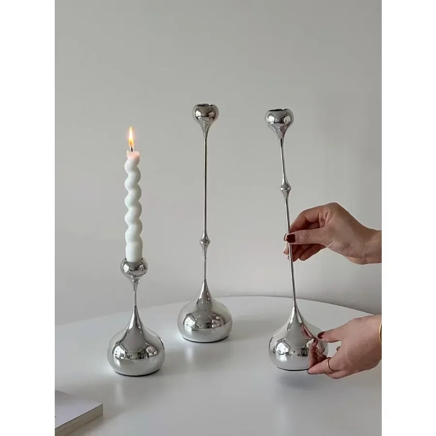 3pcs Silver Metal Candle Holder Sparkling Water Drop Design Candlesticks Light Luxury Modern Home Decor for Holiday Wedding