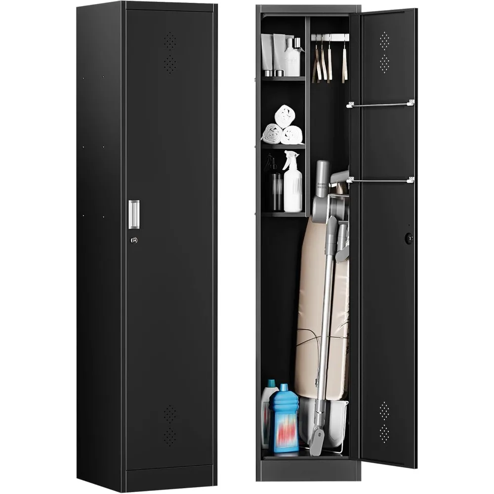 

71 H Broom Closet Storage Cabinet Metal Cleaning Tool Cabinet Utility Closet Cleaning Supplies with Locking Door Broom Rac