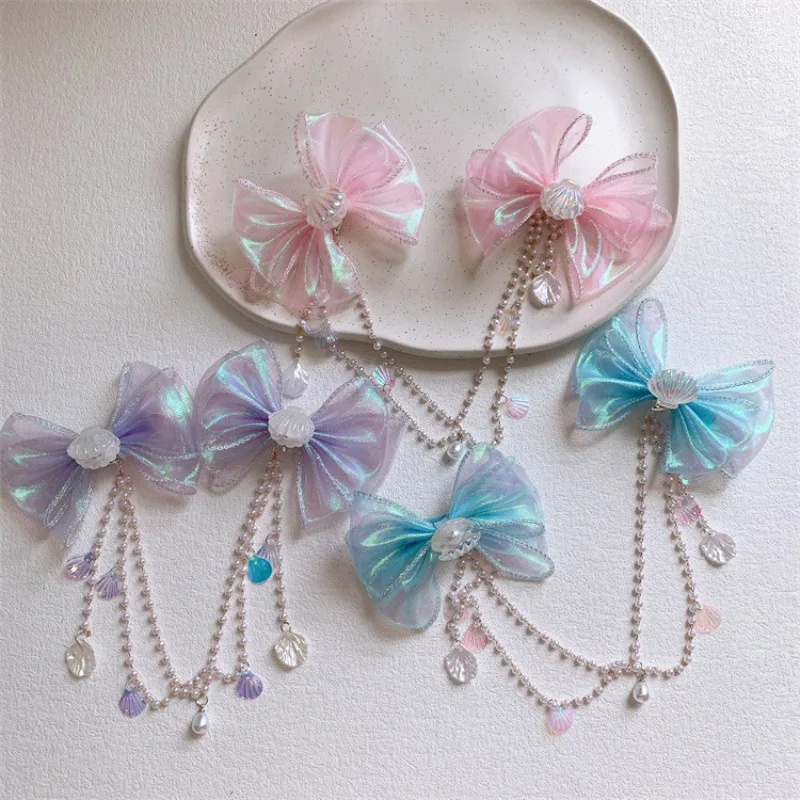 

Iridescent Bow Hair Clips Pearl Shell Tassel Forehead Chain for Girls Cute Mermaid Princess Headwear Lightweight Baby Daily Use