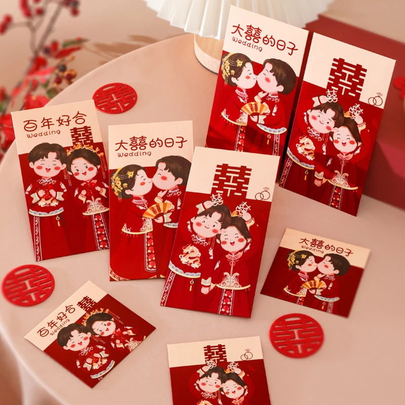 

6 Pieces Joyful Large Red Traditional Chinese Wedding Red Envelope Lucky Money Bag Blessing Red Envelope Newlywed Blessing