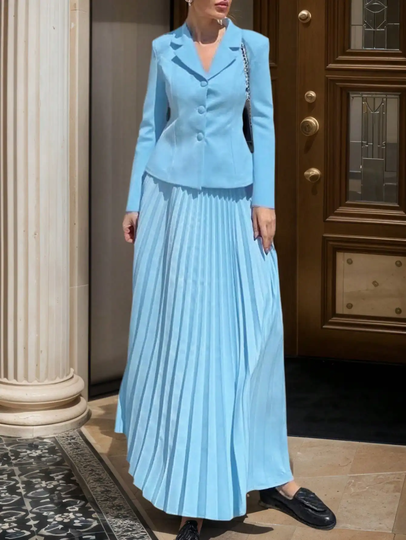 

Women's autumn solid color mottled collar long-sleeved single-breasted blazer and pleated skirt elegant suit