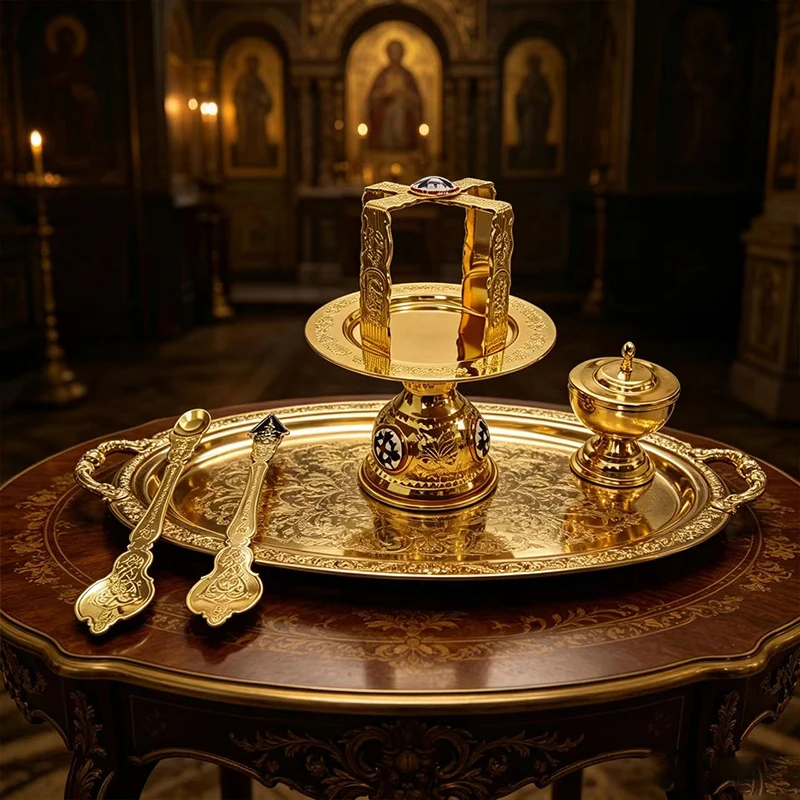 Traditional Byzantine Orthodox Altar Set Gold Metal Icon Plate Diskos with Liturgical Spoons and Vessel Church Supplies Gift Set