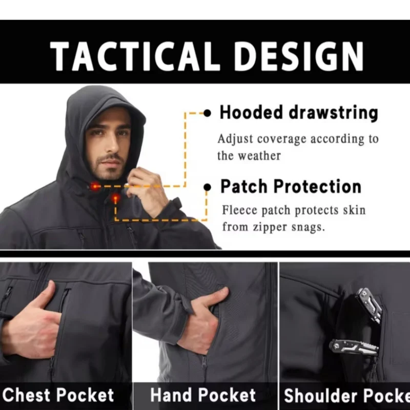 Men's Tactical Hooded Jacket, Outdoor Hiking Casual Top, Autumn and Winter Windproof Warm Jacket, Casual Workwear 모터사이클 재킷