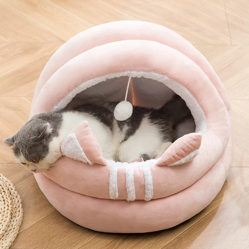 

Pet House Dog House Cat Nest with Ball Puppy Kennel Semi-Enclosed Warm Coral Fleece Pet Beds Removable Cats Cave Pet Supplies