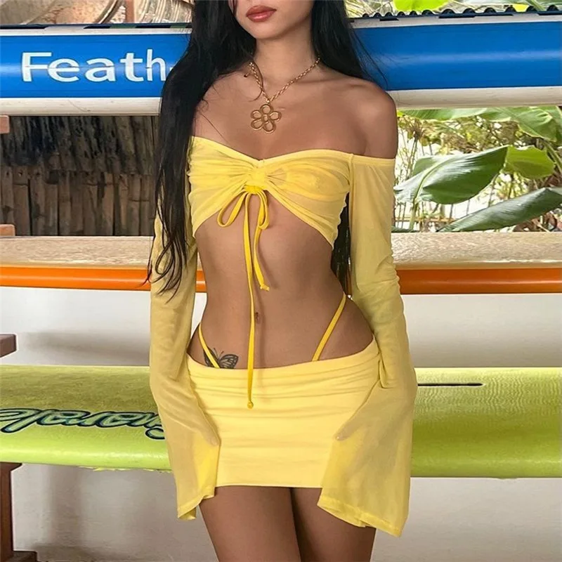 

New Sexy Co-ord Sets Yellow 2000s Clubwear Off Shoulder Flare Sleeve Crop Tops and Micro Skirt 2 Piece Suits