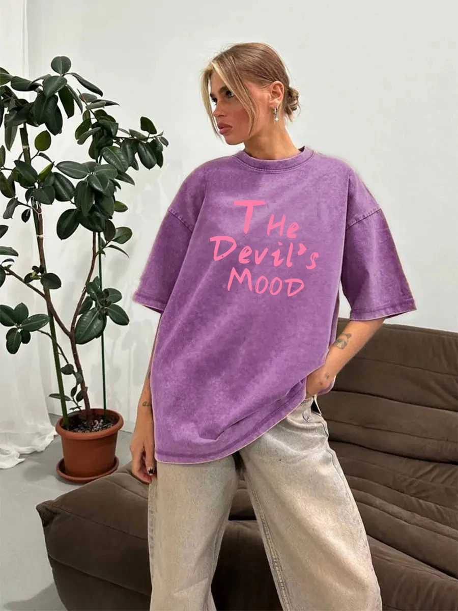 Pink Letter Design Washed T Shirt Women Vintage Cotton T-shirts Streetwear Soft Mineral Tees Girl Loose Female Tee Tops Y2k