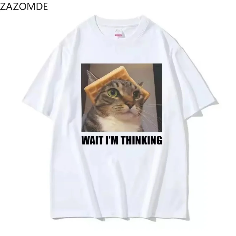ZAZOMDE Daily Casual Graphic Short Sleeve Tee Wait I'm Thinking Funny Cat Waffle Meme Letter Design Unisex Streetwear Tshirt