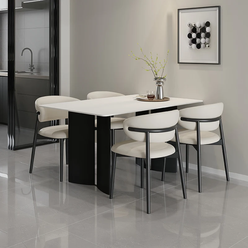 

Italian Minimalist Pure White Rock Slab Dining Simple Light Luxury Modern Household Apartment Dining Muebles Chair Combination