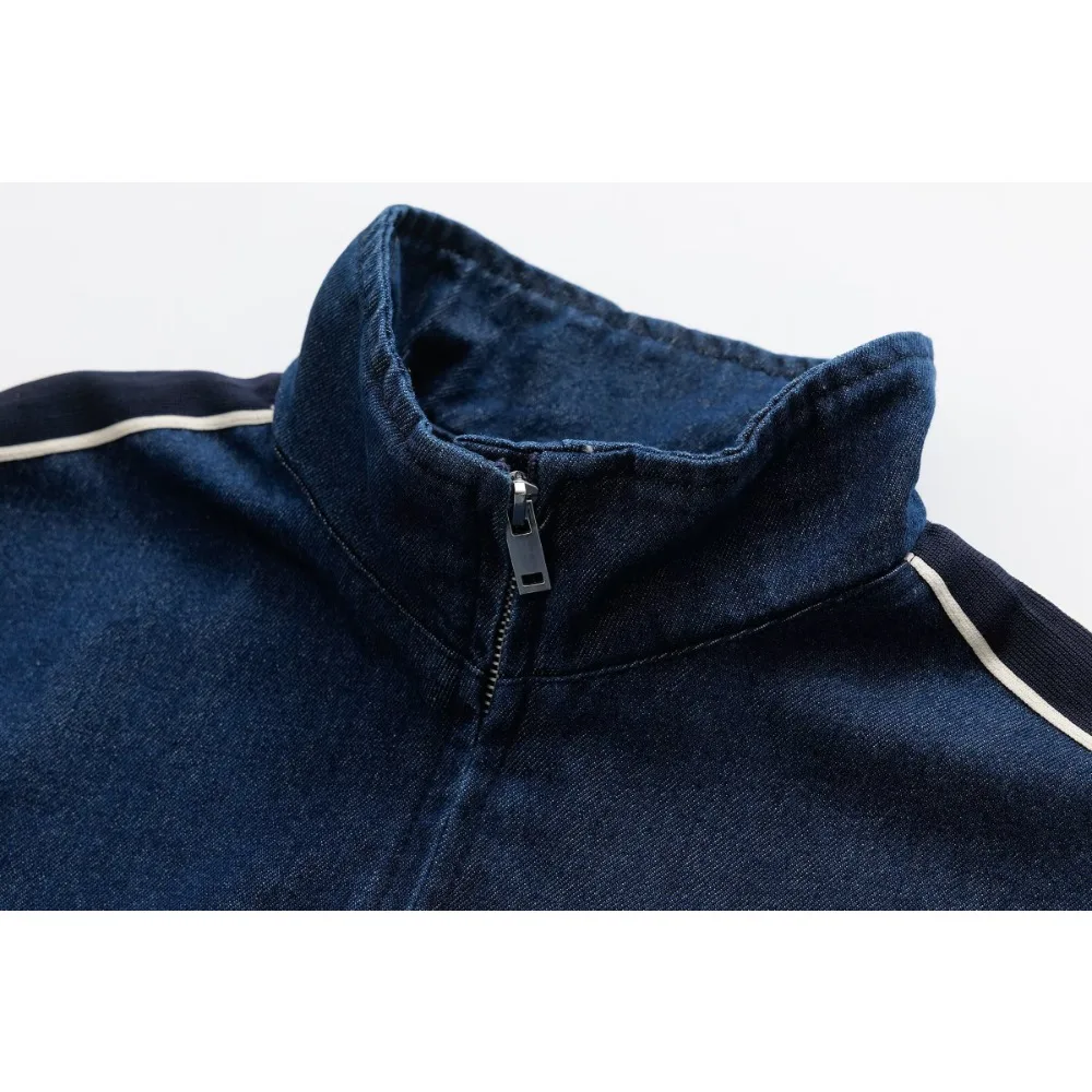 GELITAYIN Denim Sports Set Spring Zip-Up Track Jacket Elastic Waist Pants Contrast Side Stripe Casual Outfit