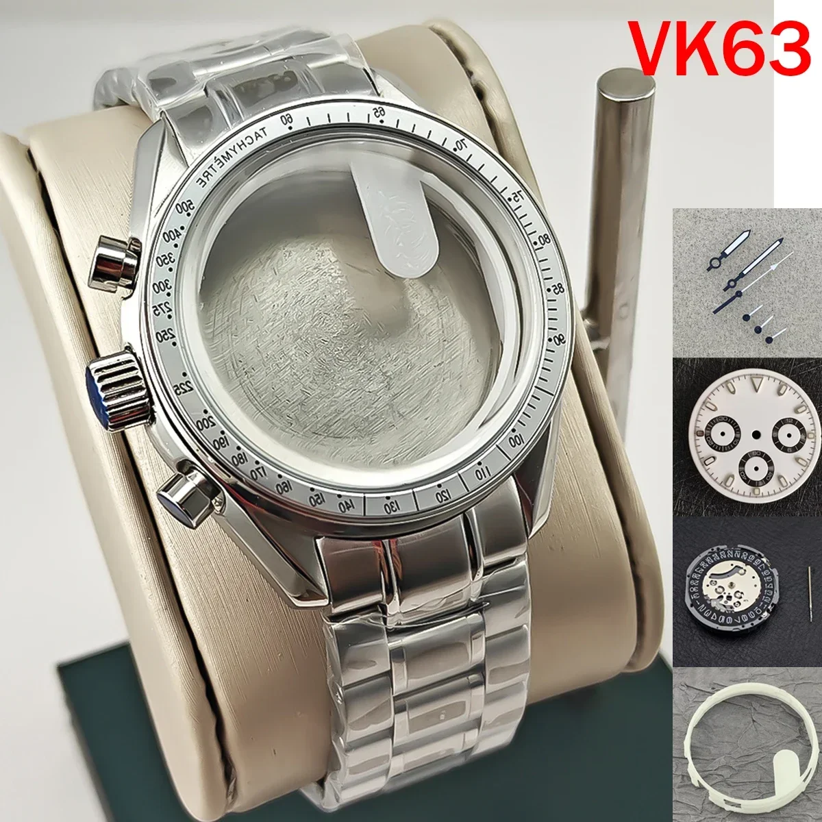 40 มม.VK63 เงินนาฬิกาสีดําเงินแทรกเคลือบแก้วสําหรับVK63 ควอตซ์Chronograph Movementสร้อยข้อมือเหล็กยึด