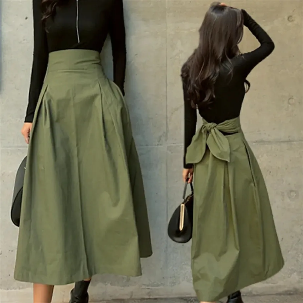 

High Waist Lace Up Pleated Skirt Women Korea Fashion Green Harajuku Japan Lady Streetwear Maxi Tunic Long Skirt Ol Autumn New