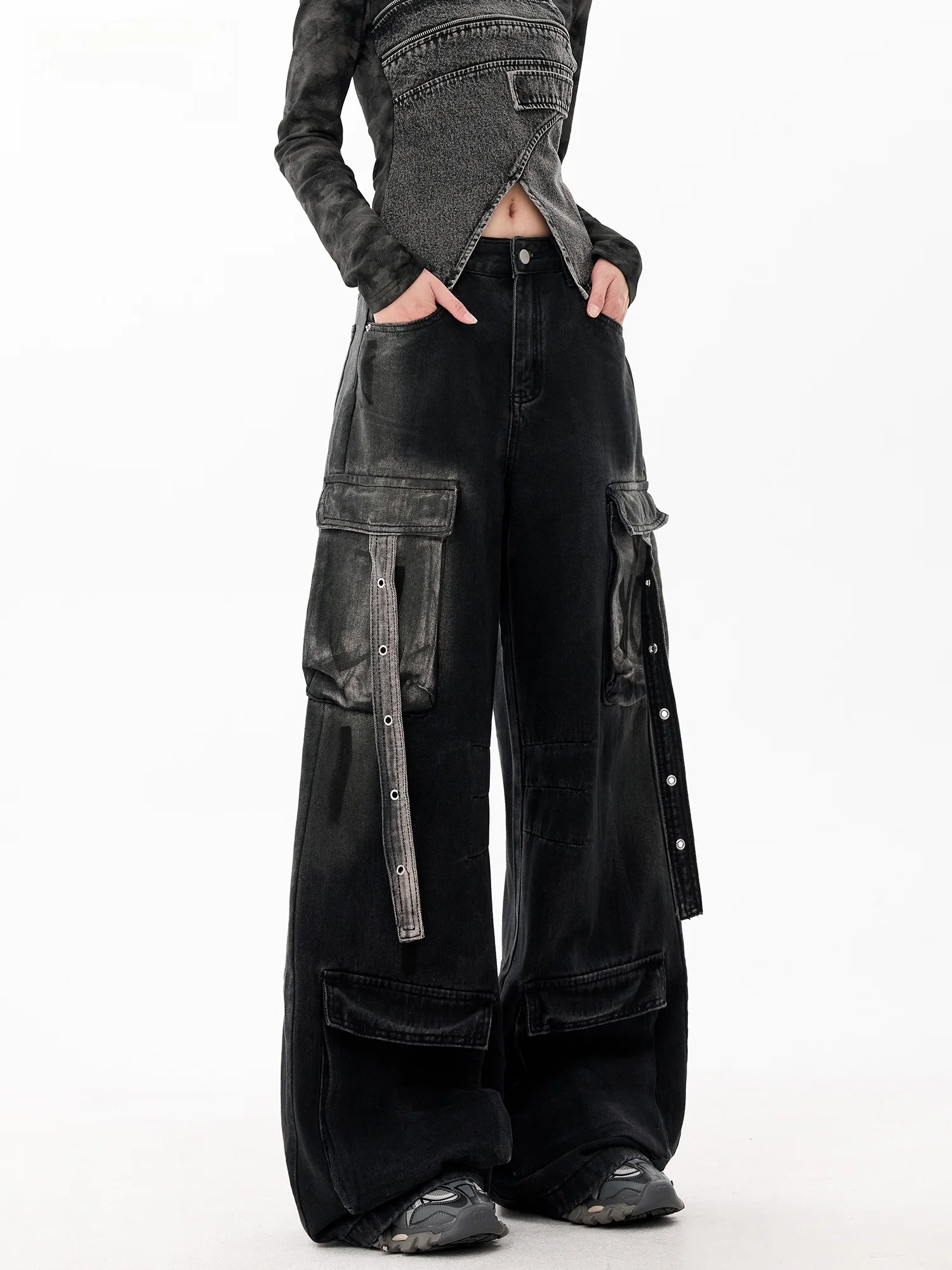 

Женские свободные джинсы-клеш в рабочем стиле, черные, весенние, новые, с дизайнерским поясом-пэчворк, уличный стиль, джинсовые брюки с завышенной талией