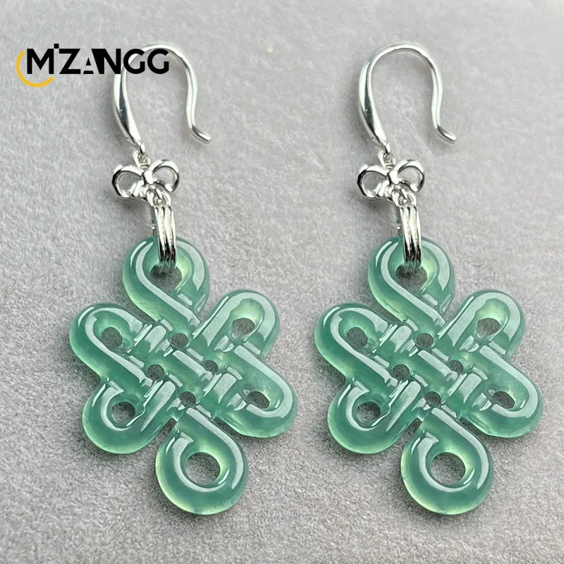 

Authentic Natural Jadeite China Knot Earrings S925 Silver Inlaid Exquisite Luxury Women's Ear Thread Fashion Party Holiday Gift