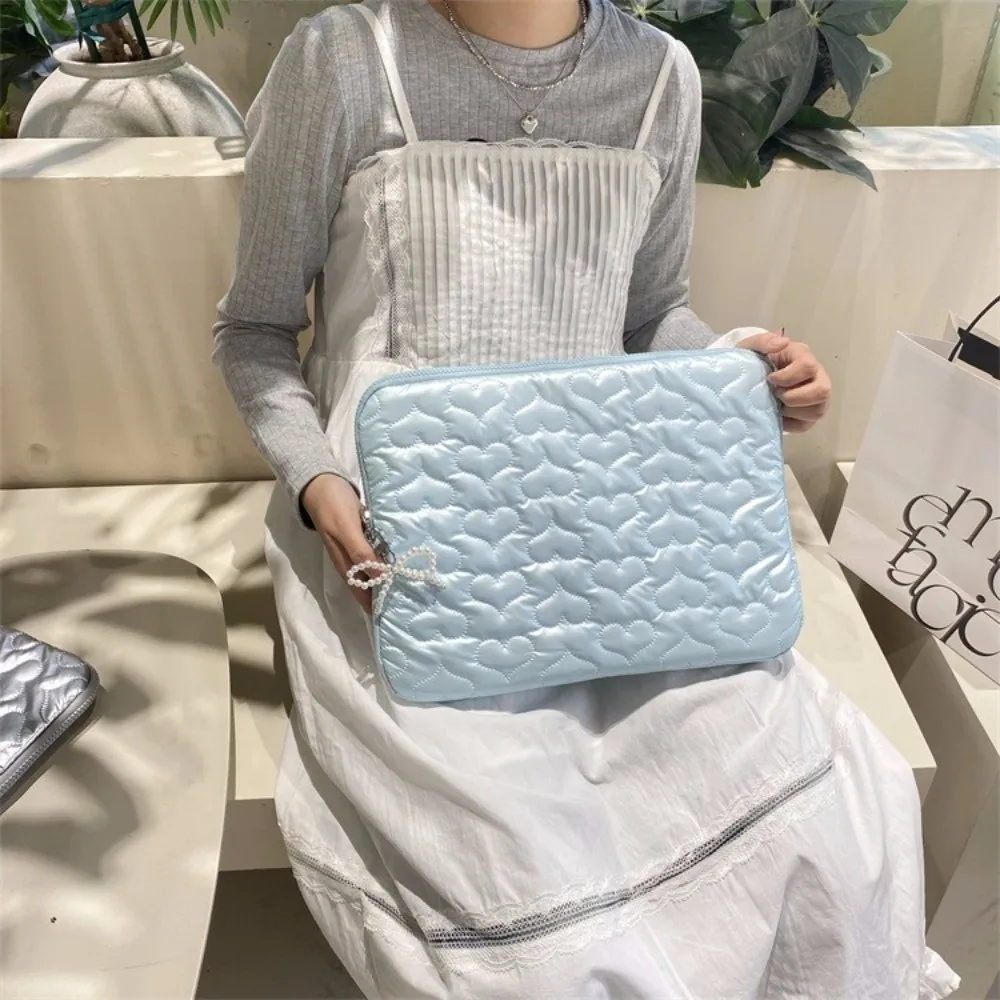 

PU Leather Pearl Tablet Storage Bag Large Capacity Heart Bowknot Computer Bag Puffy Design Shockproof Tablet Pouch for School