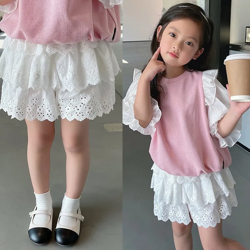 Fashion Casual Girls Skirts Summer Solid Color Cake Skirt  For Girl Sweet Lace Tutu Dress Skin Friendly  Children's Clothes 3-8Y