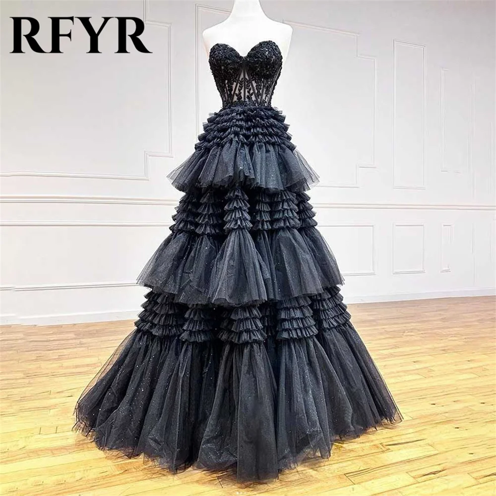 

RFYR Black A-line Evening Dresses Corset Sleeveless Sweetheart Tulle Prom Dresses with Appliques 프롬드레스 Long Pleat Party Dress