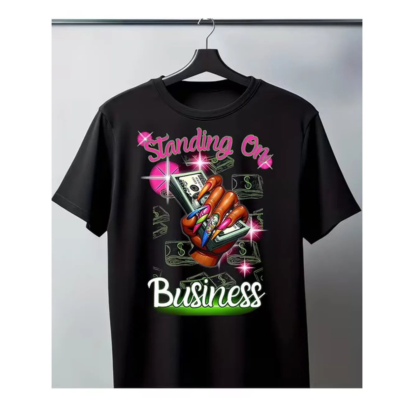 Camiseta de negocios para hombre y mujer, tallas S 3Xl, adecuada para estilo empresarial, color negro con estampado de signos en rosa y verde, cuello redondo, camiseta de manga corta, ropa temática para fiestas de oficina, lavable a máquina