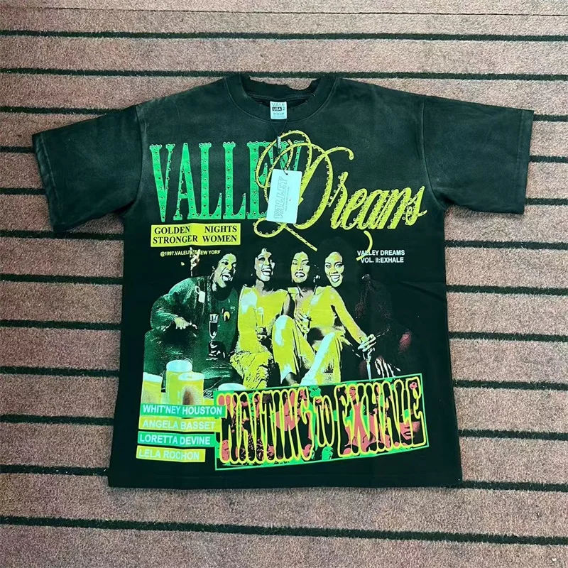 

Singer Print VALLEY Black Washed T-Shirts Men Women Hot Drill Letter American Hip Hop Vale Oversized Short Sleeves