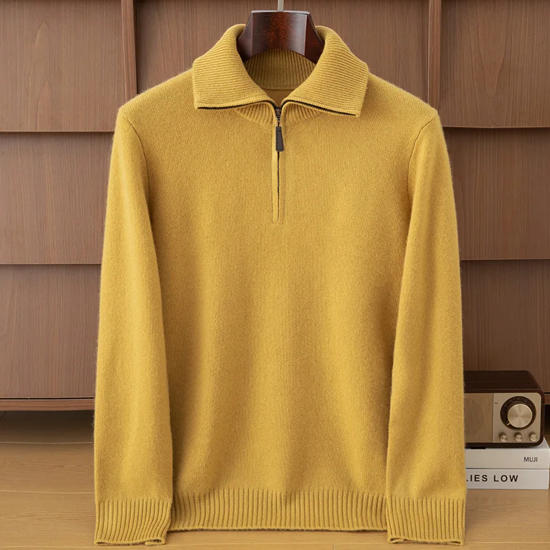 Men's Premium Cashmere Half Open Collar Pullover Sweater Autumn Winter 100% Pure Cashmere High-end Fashion Comfortable Knitwear