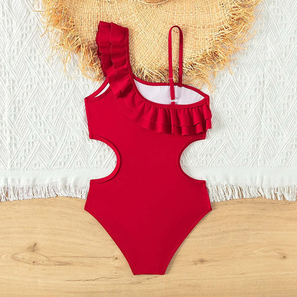 Retro Red Color Teenage Girls Swimsuit One Piece 5-14 Year Kids Swimsuit Ruffled Swimwear beachwear